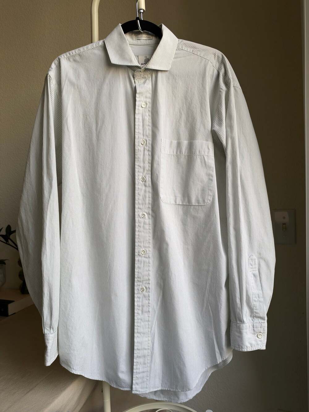 Vintage Robert Stock Men’s White/Green Pinstripe Cotton Dress Shirt Sz 16 34/35